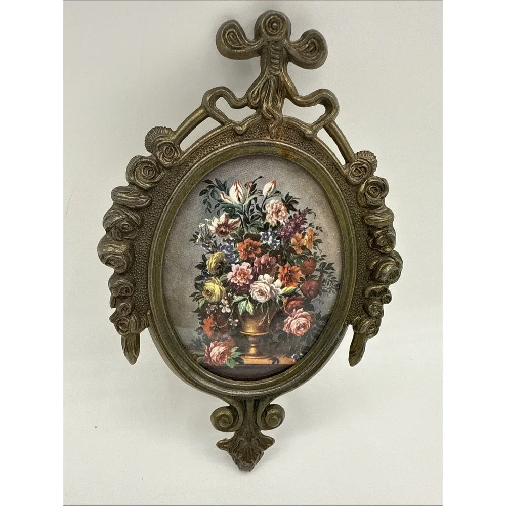 Vintage Miniature Small Oval Ornate Brass Picture Frame w/ Floral Print ITALY